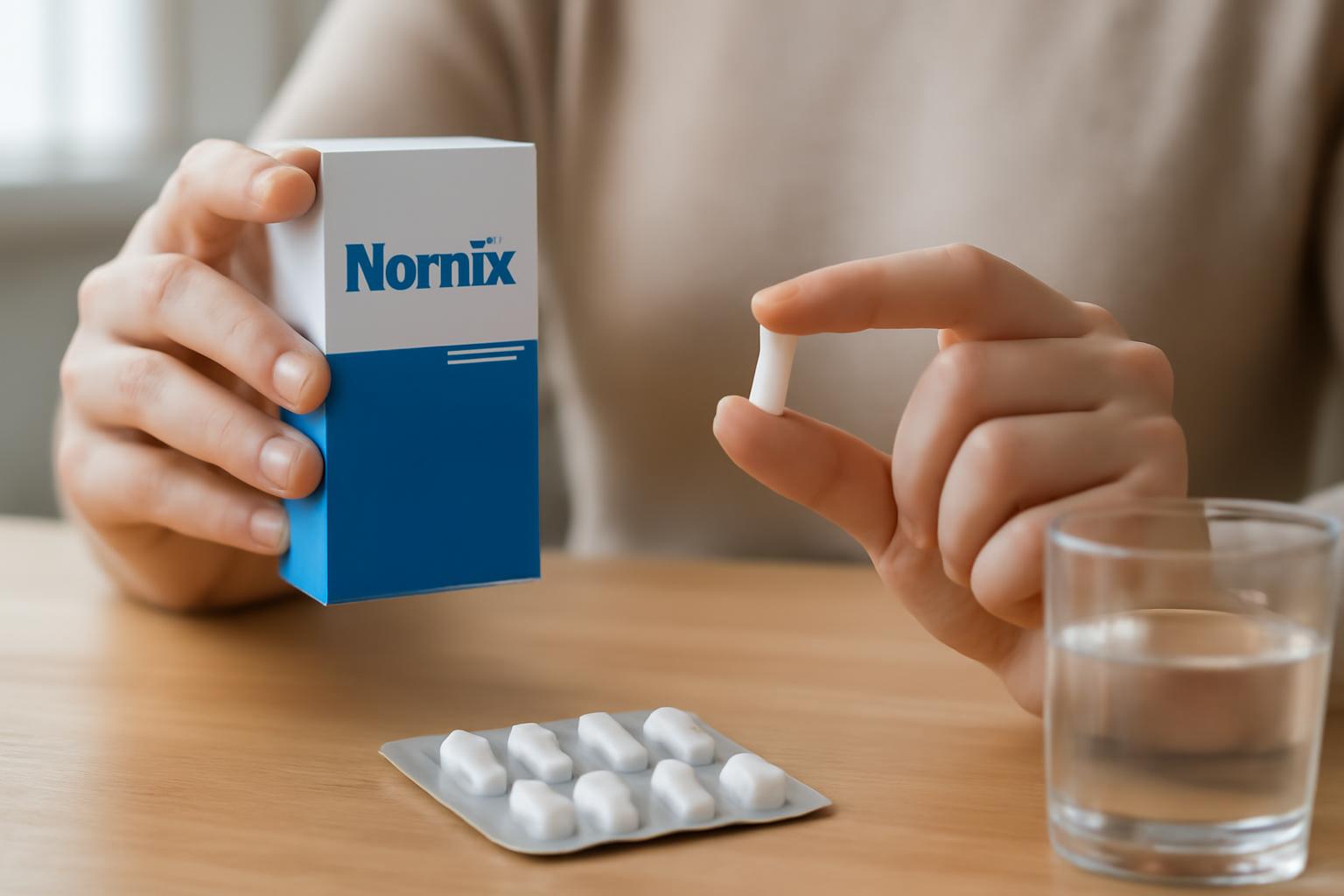 O persoană ține o cutie de Normix și o tabletă albă, pregătindu-se să o ia.