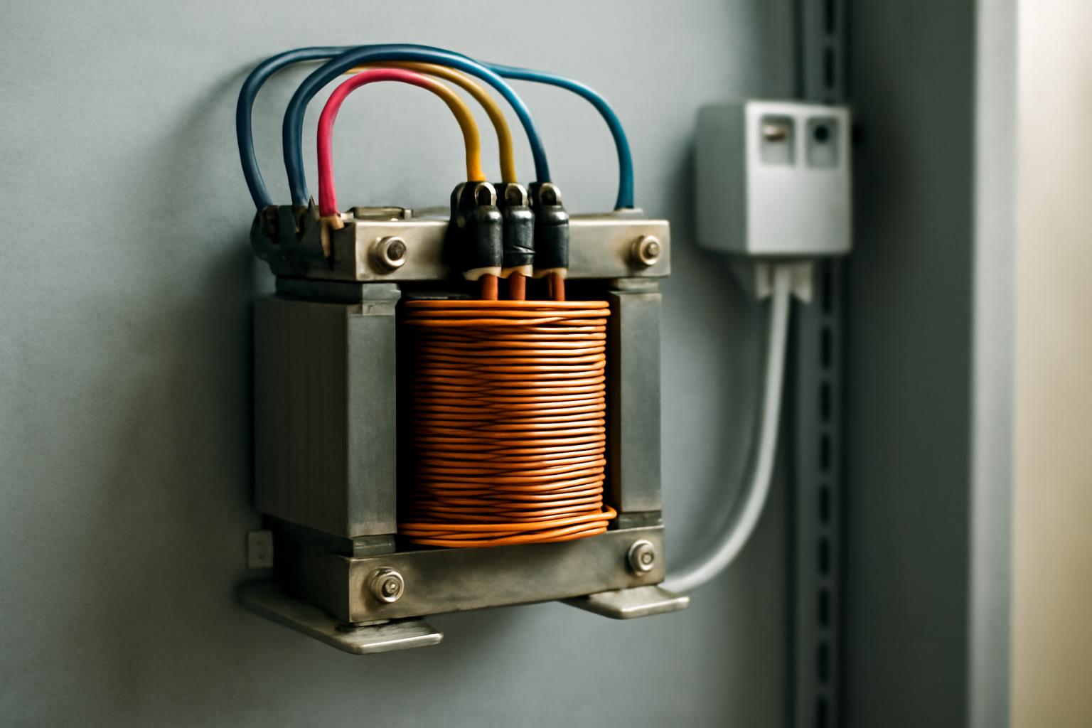 Transformator de separare montat pe un perete, cu fire colorate conectate.