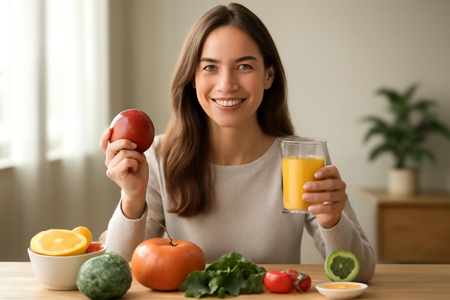 O femeie zâmbitoare ține un măr și un pahar cu suc de portocale, înconjurată de legume și fructe.