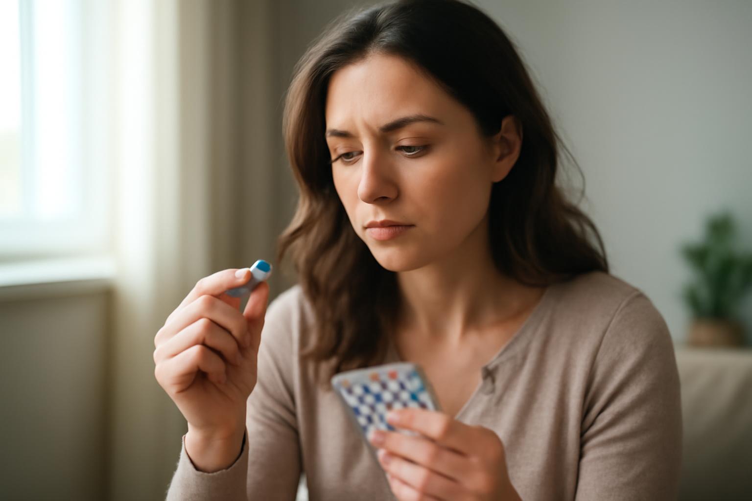 O femeie ținând o pastilă albastră în mână, contemplându-i efectele.