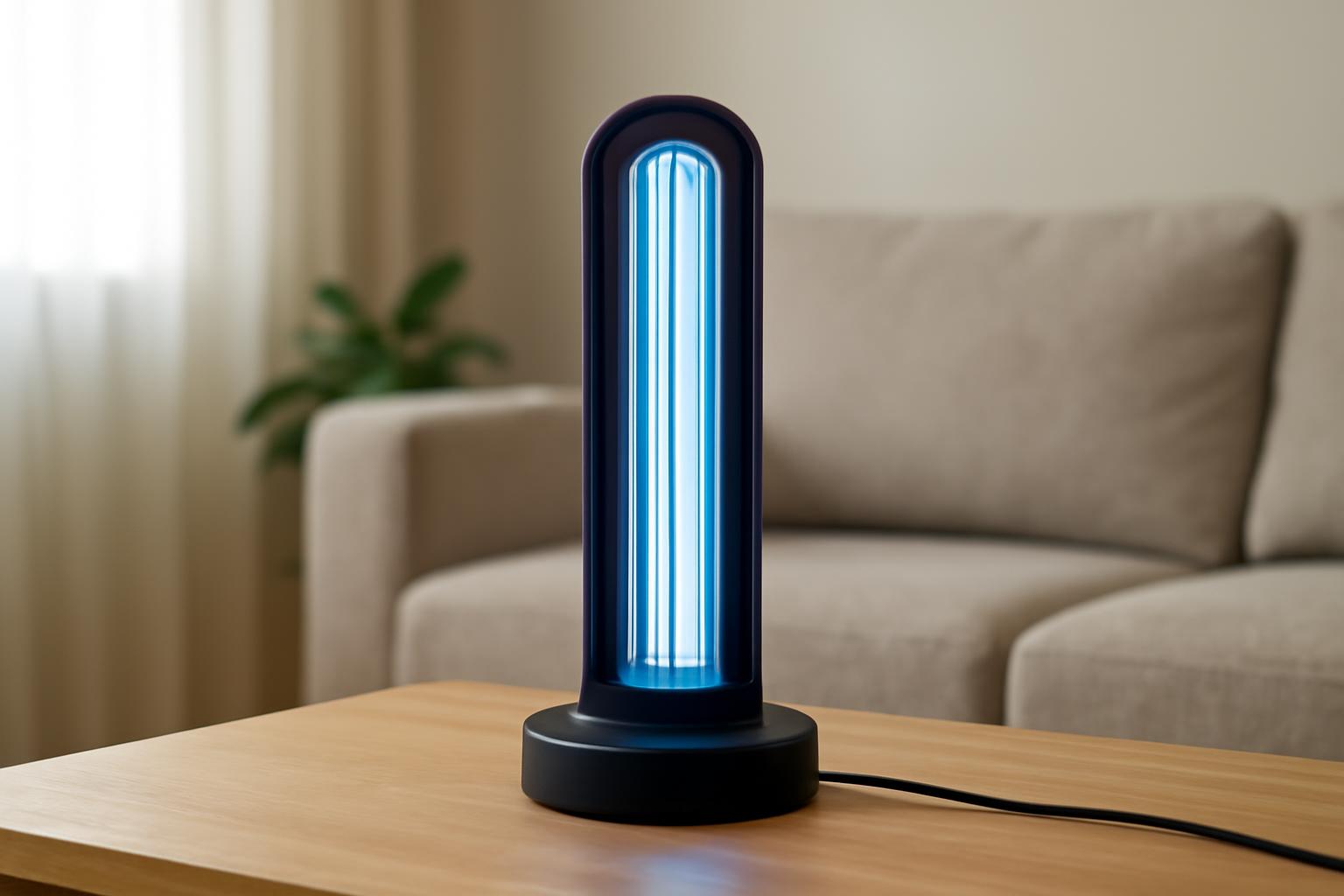 Lampă germicidă cu tuburi UV, amplasată pe o masă de lemn.