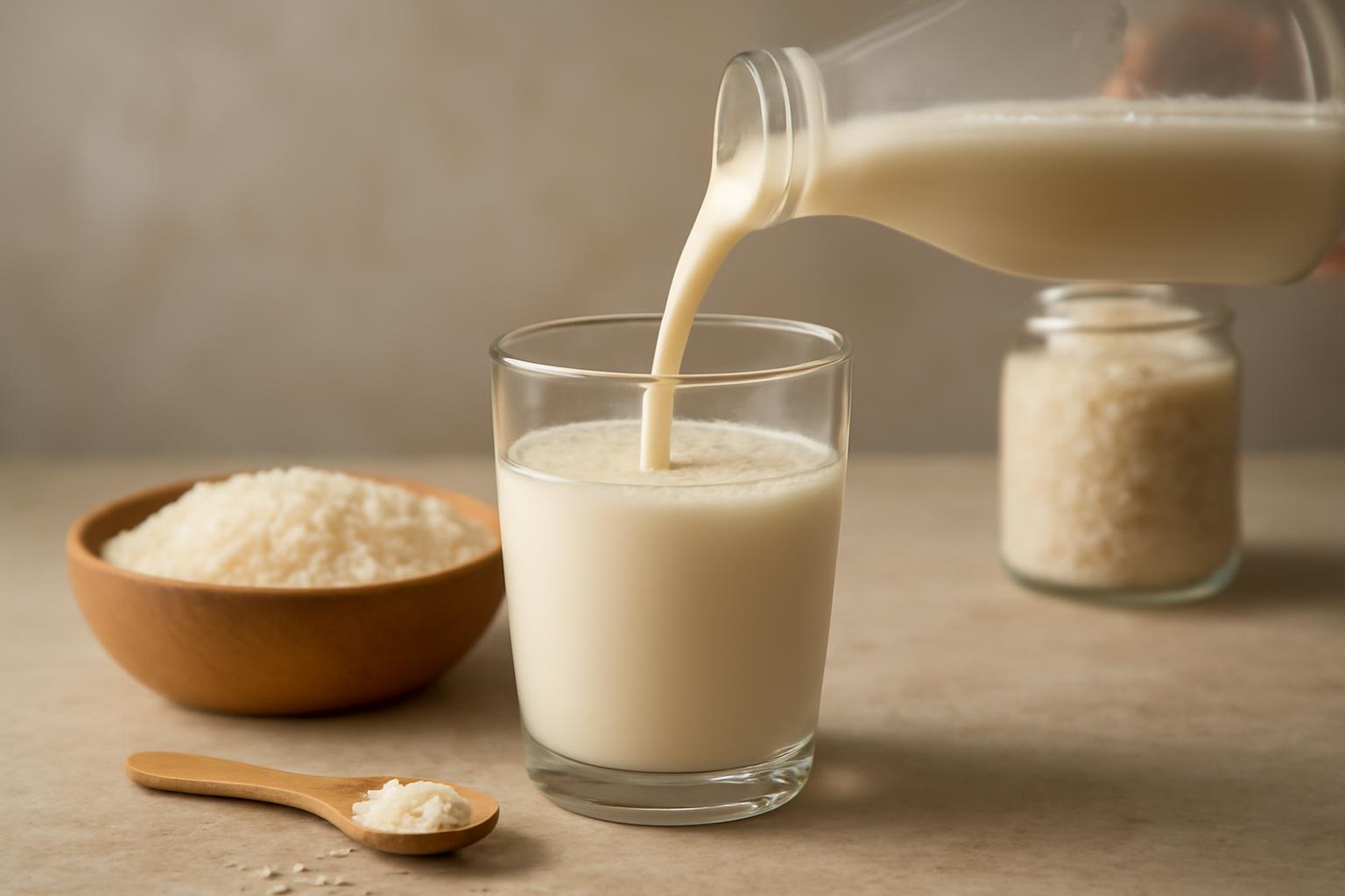 Un pahar cu lapte de orez proaspăt turnat, alături de o bol cu orez.