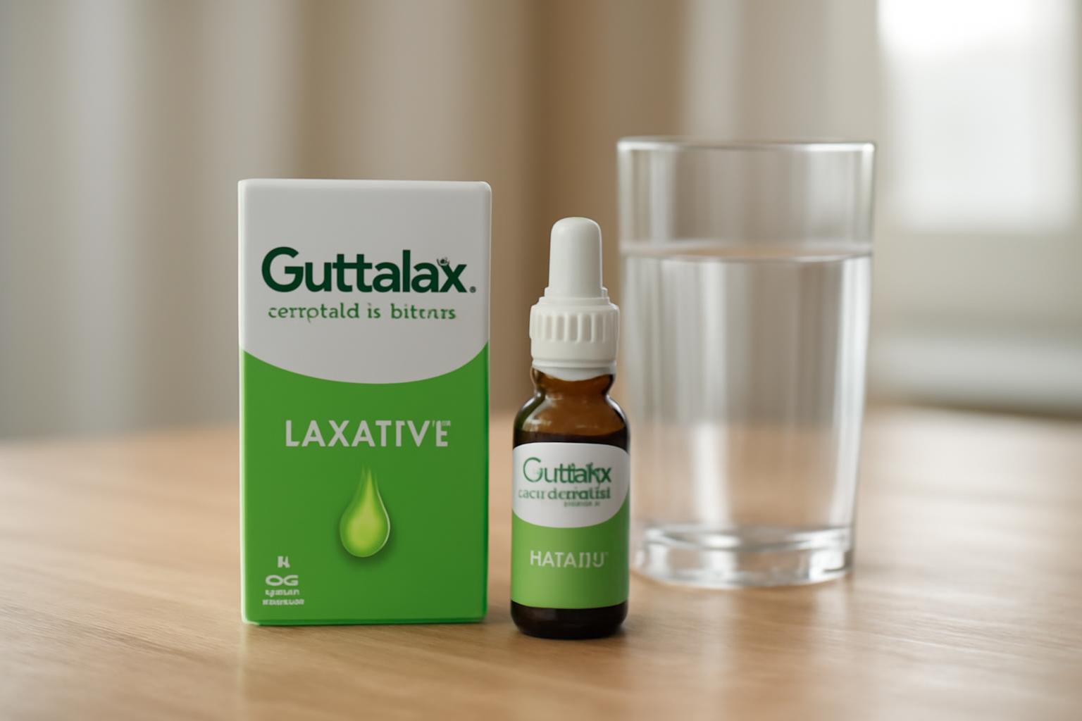 Flacon de Guttalax lângă un pahar cu apă pe o masă de lemn.