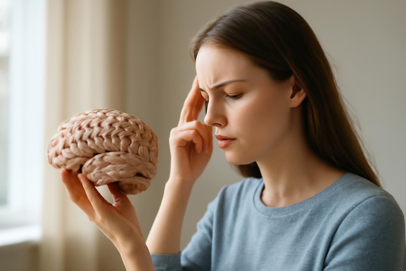 O femeie ține în mână un model de creier, reflectând asupra deciziilor și emoțiilor.