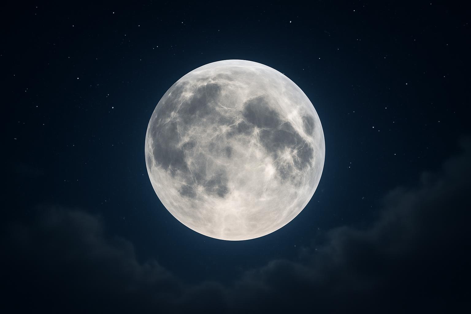 O lună plină strălucind pe un cer întunecat, înconjurată de stele.