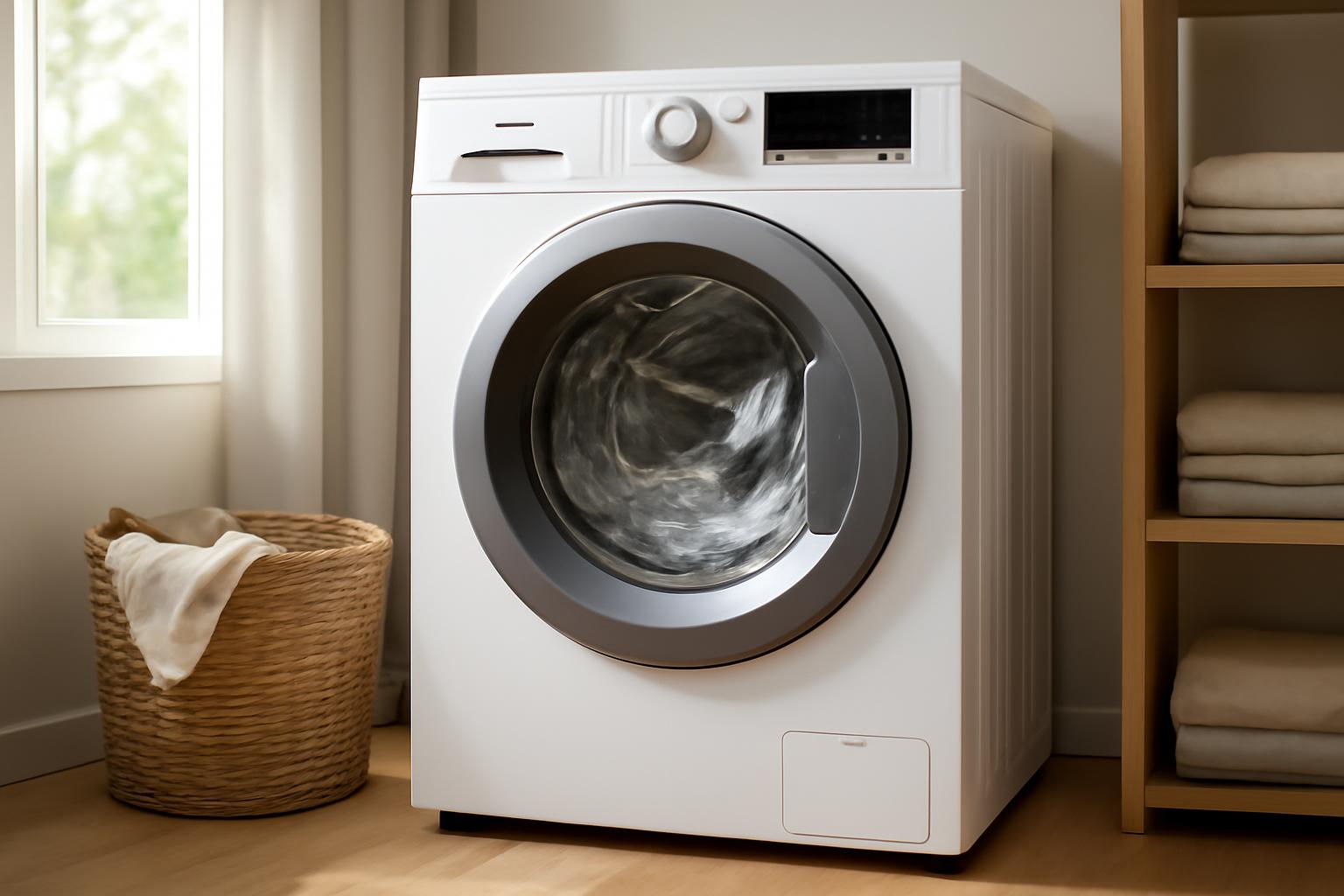 Mașină de spălat cu design modern, cu ușa deschisă, pregătită pentru spălare.