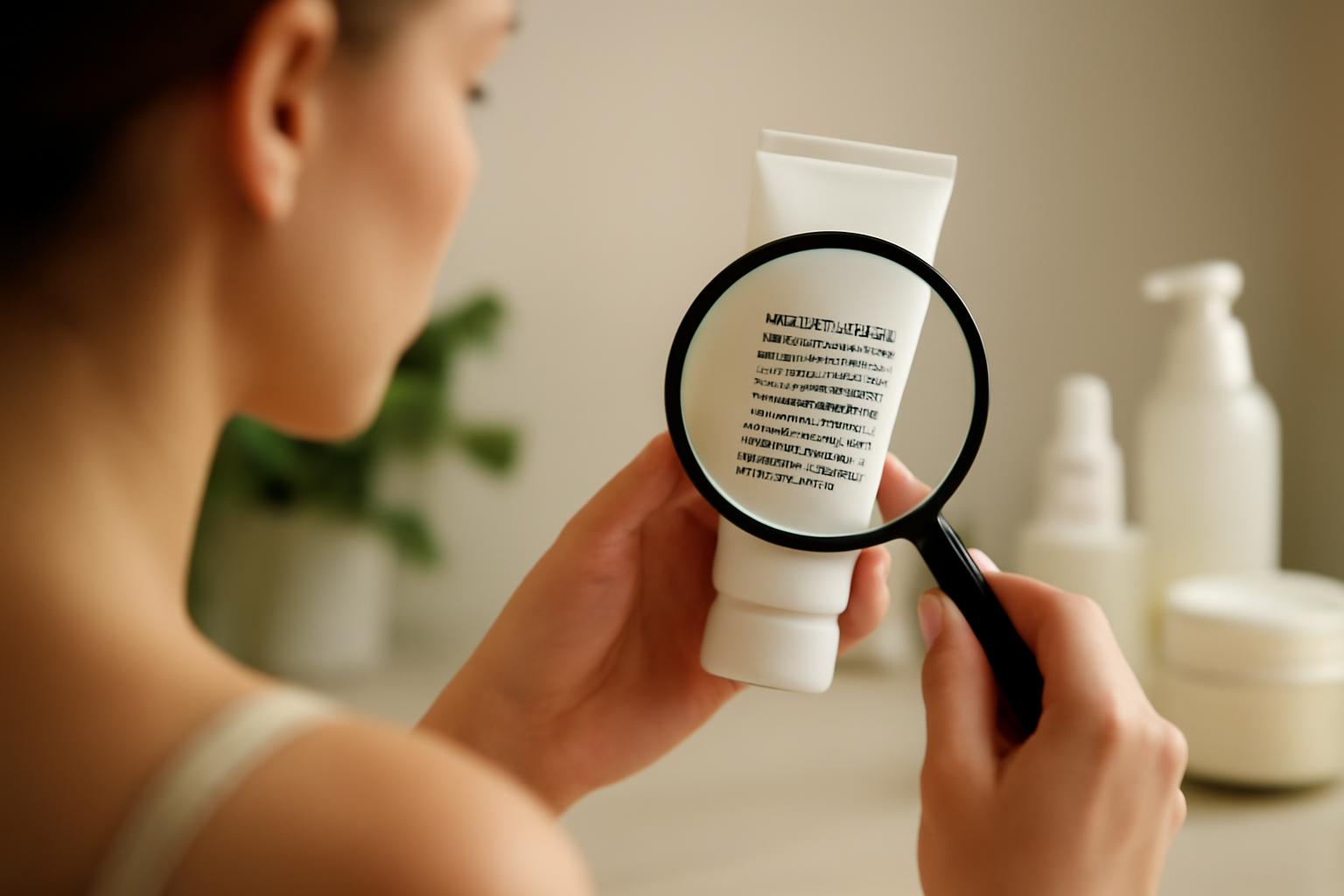 O femeie examinează ingredientele unui produs cosmetic cu o lupă.