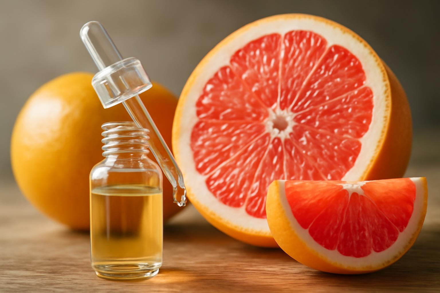 Sticlă cu picături de grapefruit lângă un grepfrut tăiat și întreg.