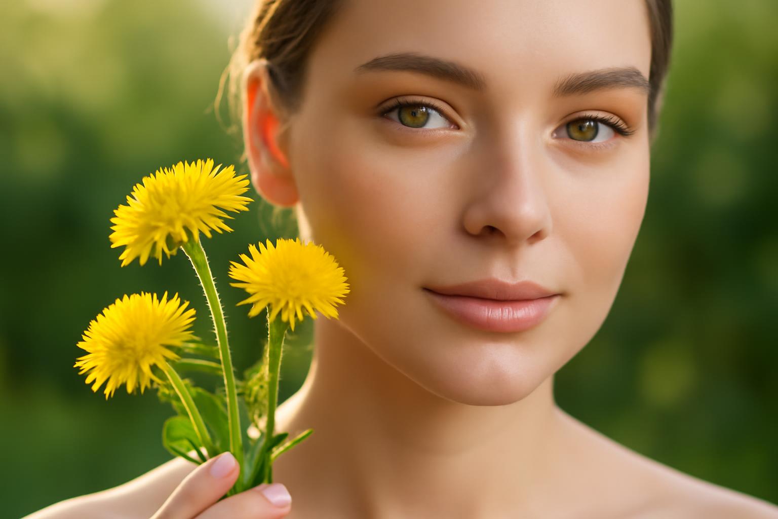 O tânără cu flori de păpădie, zâmbind, într-un cadru natural.