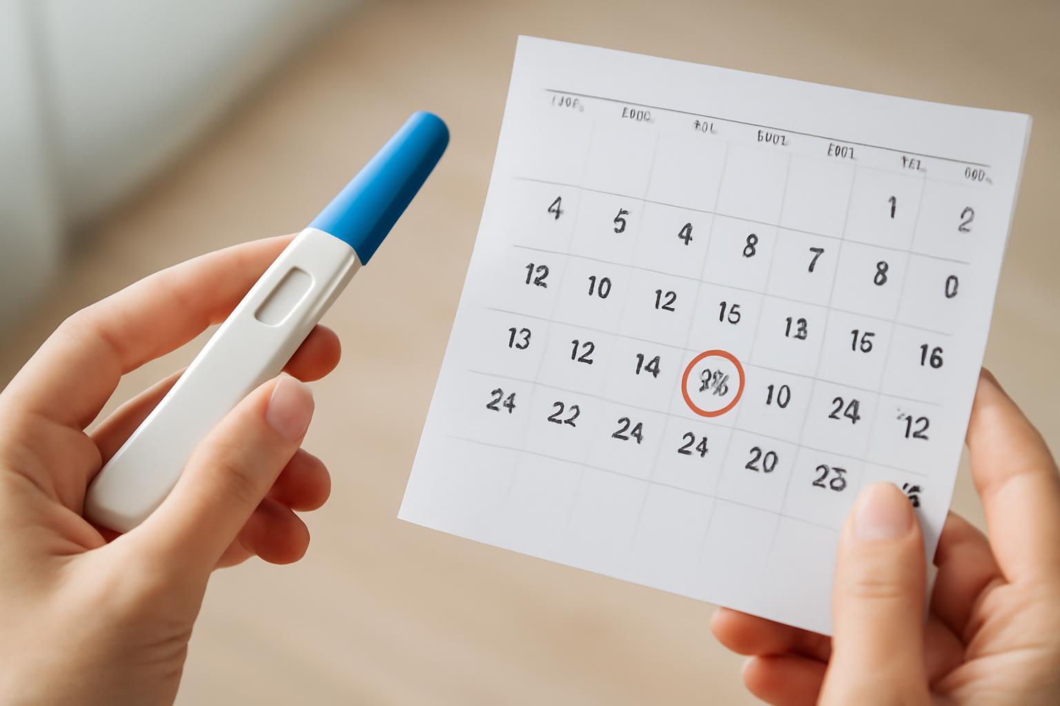 O femeie ține un test LH și un calendar cu zilele ovulației marcate.