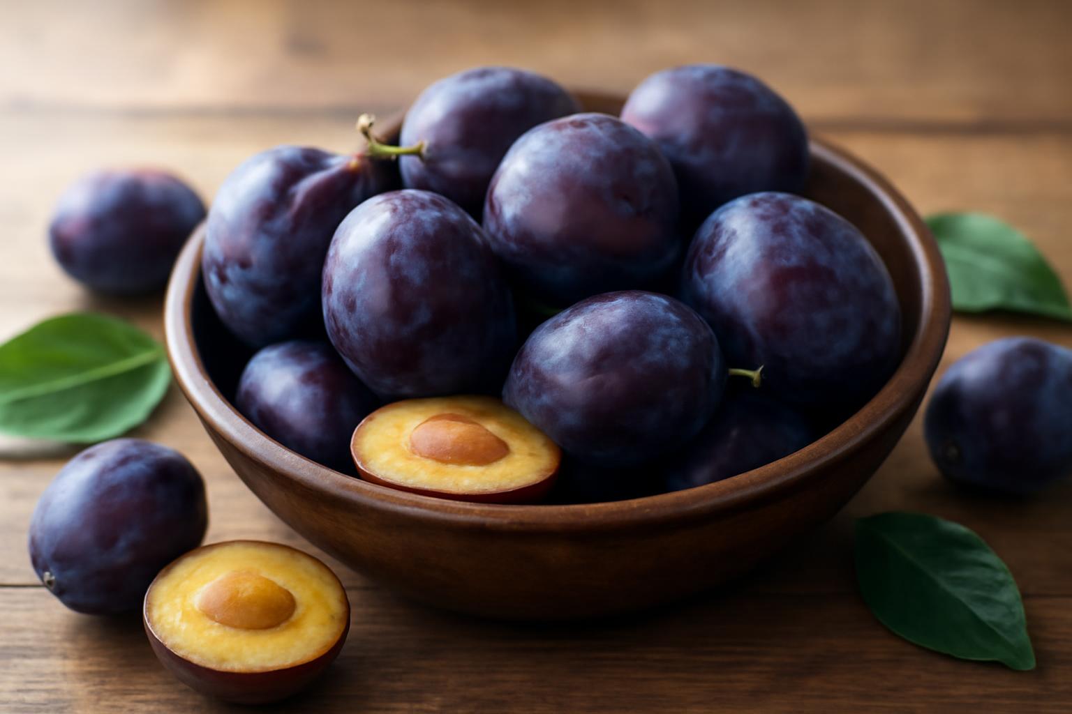 O bol din lemn plină cu prune proaspete, unele tăiate pe jumătate, pe o masă de lemn.