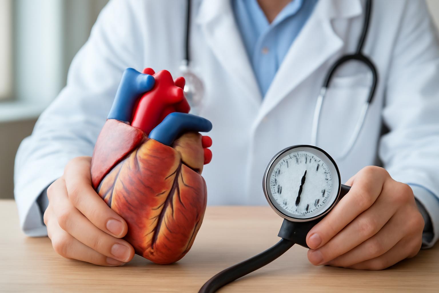 Un medic ținând un model de inimă și un tensiometru pe birou.