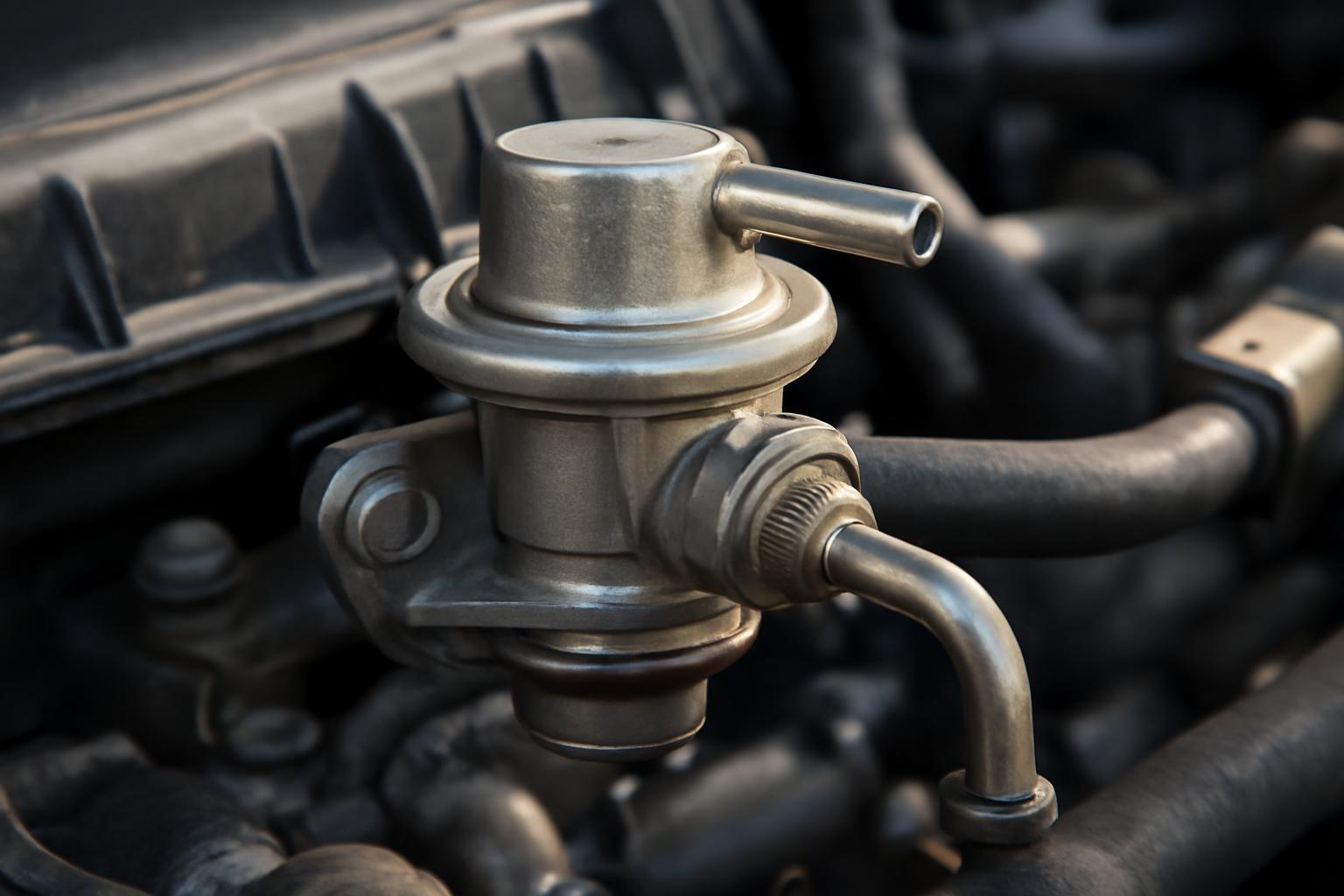 Supapa de reglare a presiunii combustibilului montată pe un motor auto.