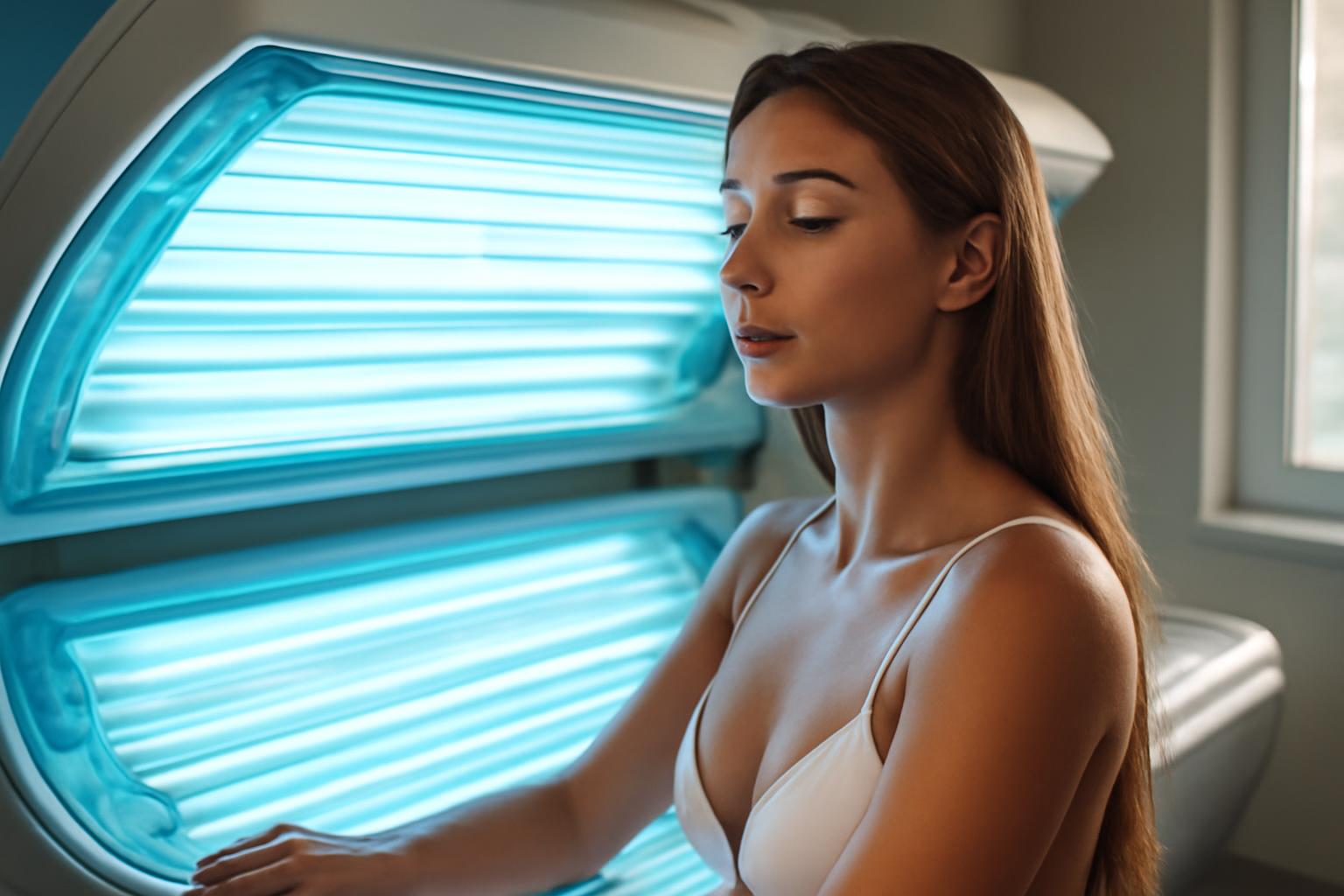 O femeie stă într-un solar, pregătindu-se pentru bronzare artificială.