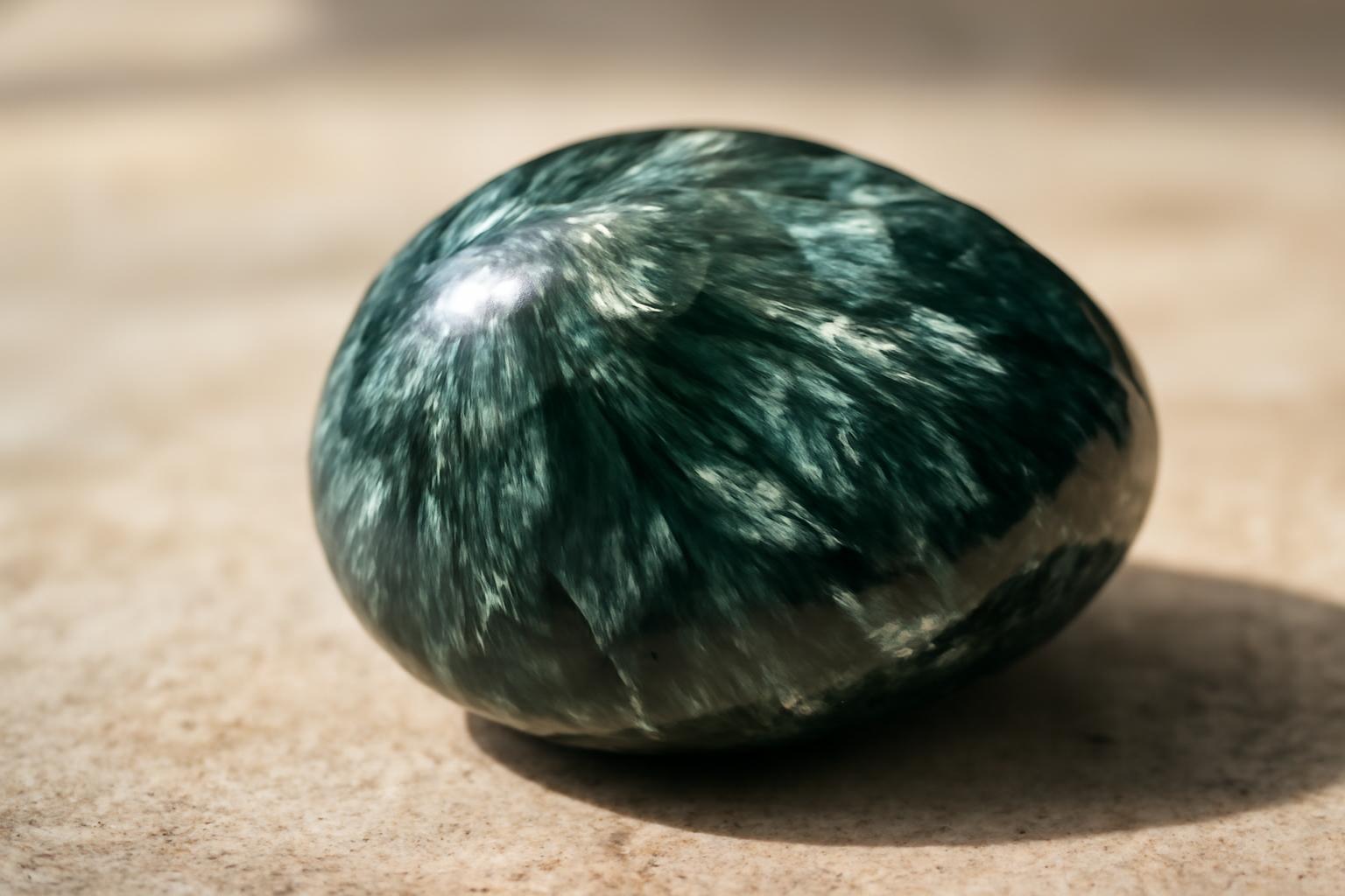 Un mineral verde cu reflexe strălucitoare, serafinitul, așezat pe o suprafață neutră.