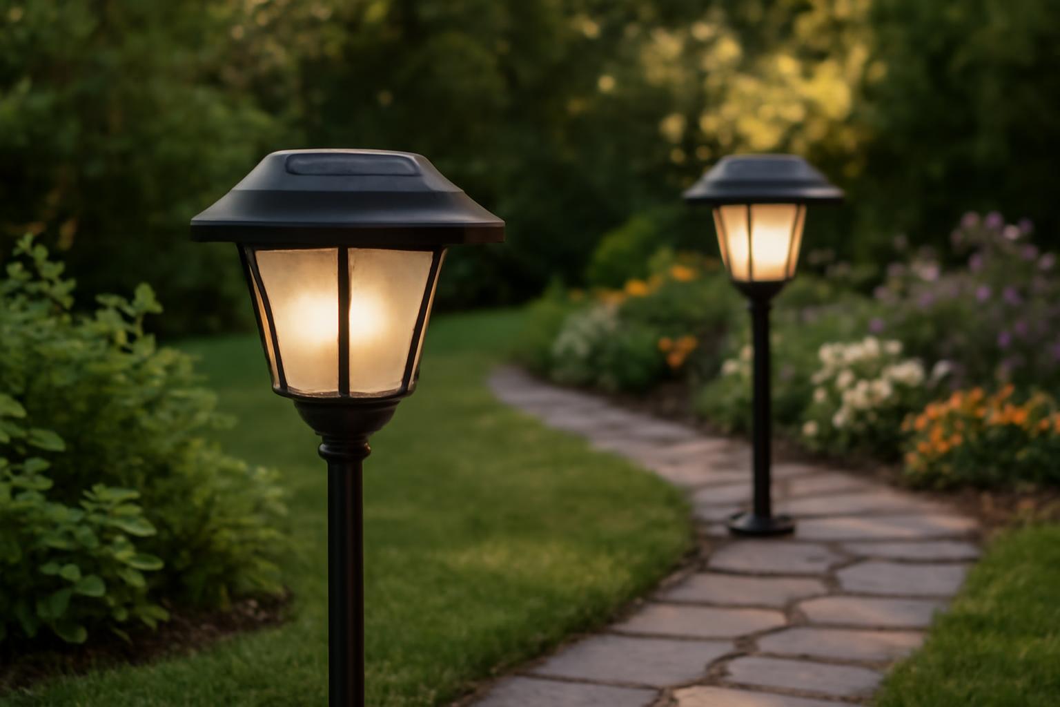 Lămpi solare elegante pe un alee de grădină, iluminând spațiul verde.