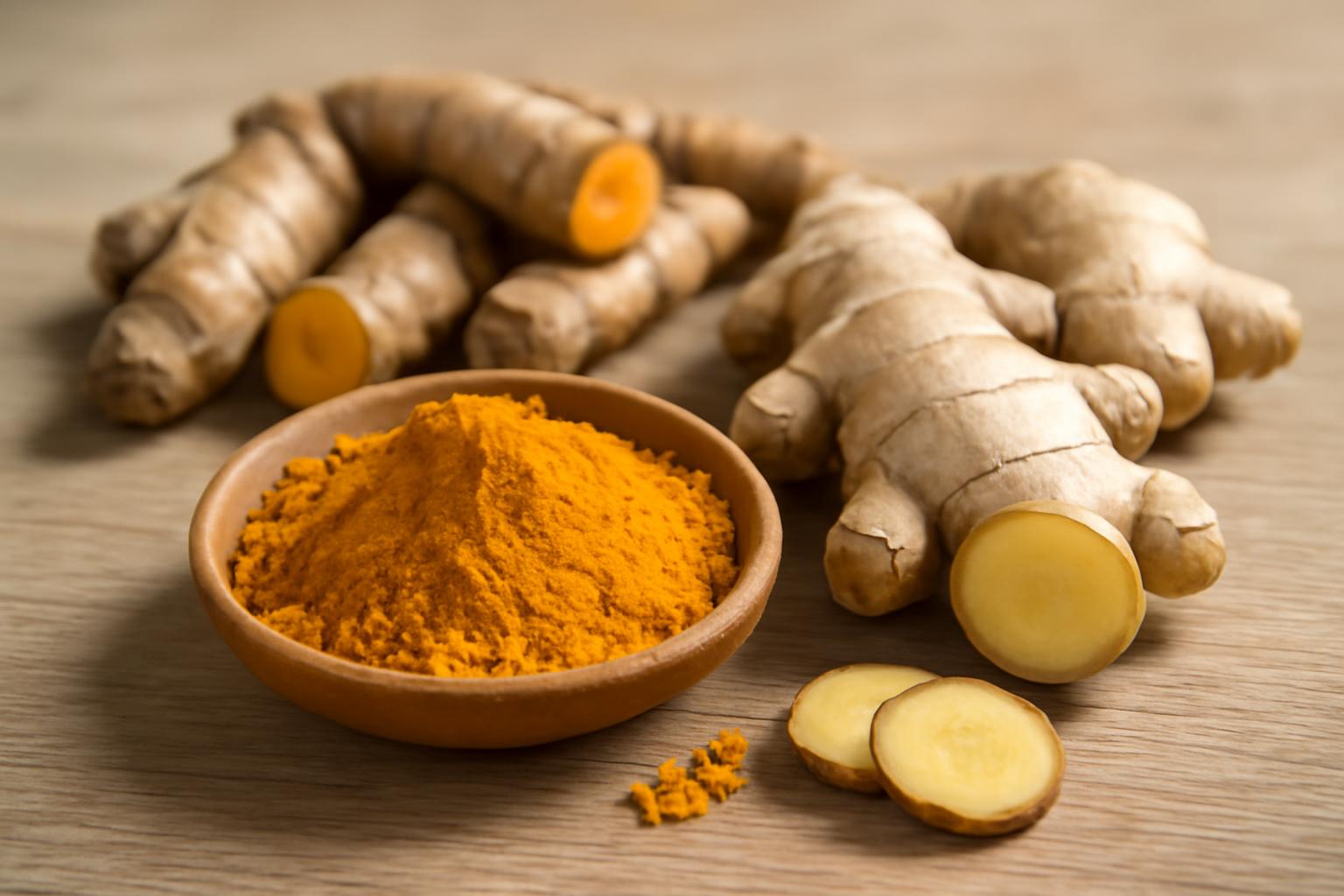 Rădăcini de turmeric și ghimbir, cu pulbere de turmeric într-un bol.