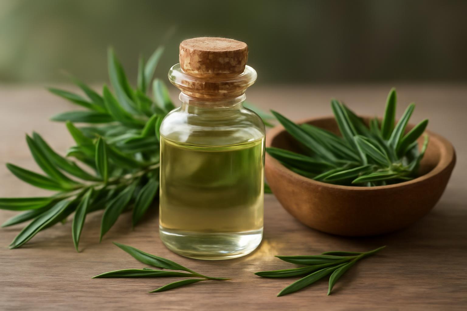 Sticlă de ulei de arbore de ceai alături de frunze verzi proaspete.