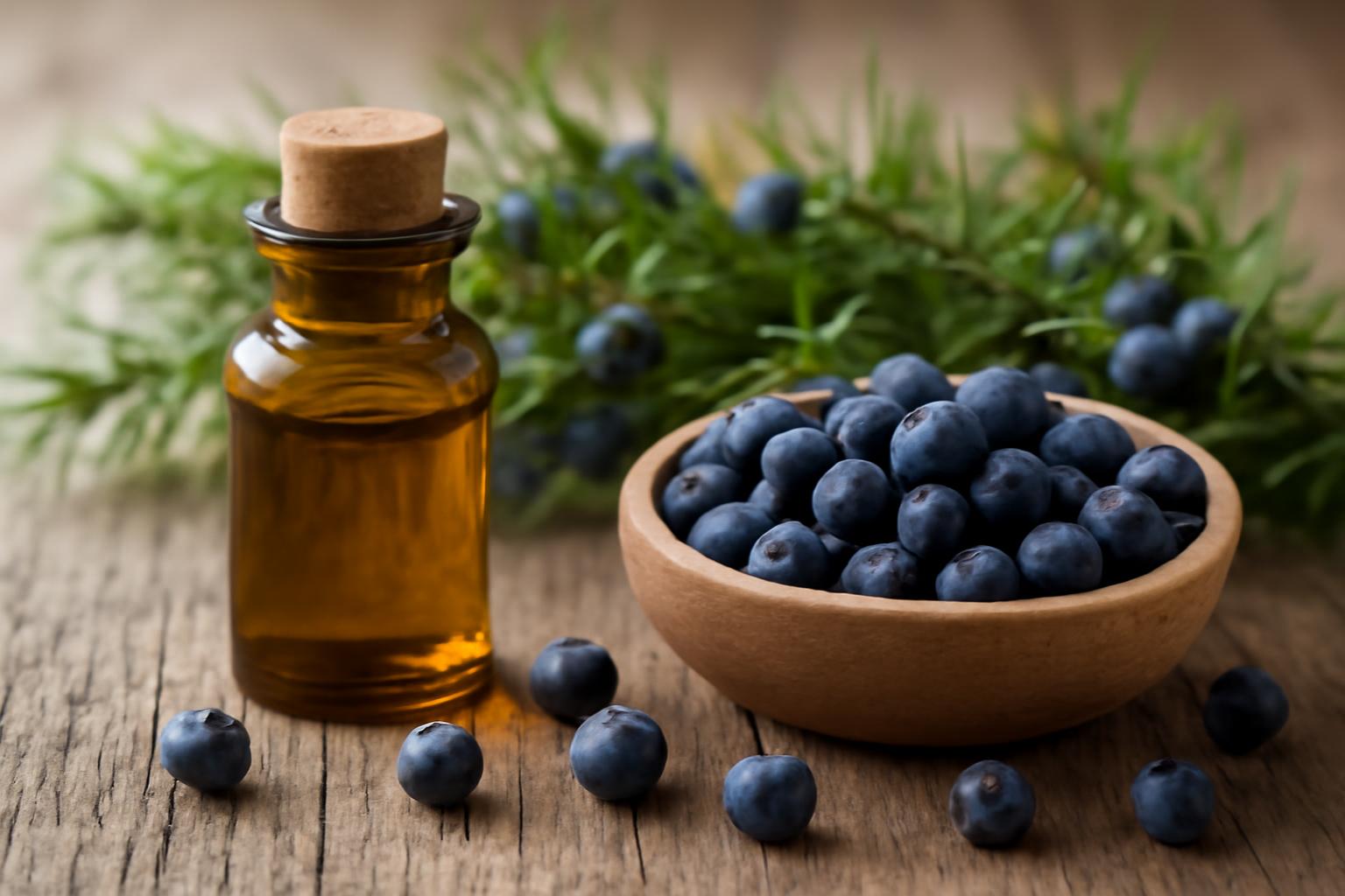 Sticlă de ulei esențial de ienupăr alături de boabe de ienupăr proaspete.