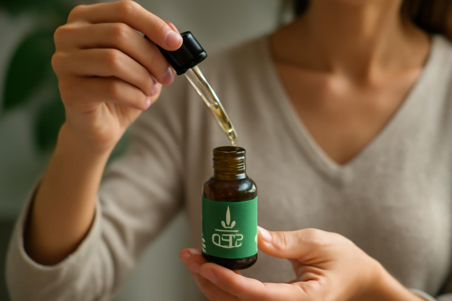O femeie care ține o sticlă de ulei CBD și un pipet în mână.