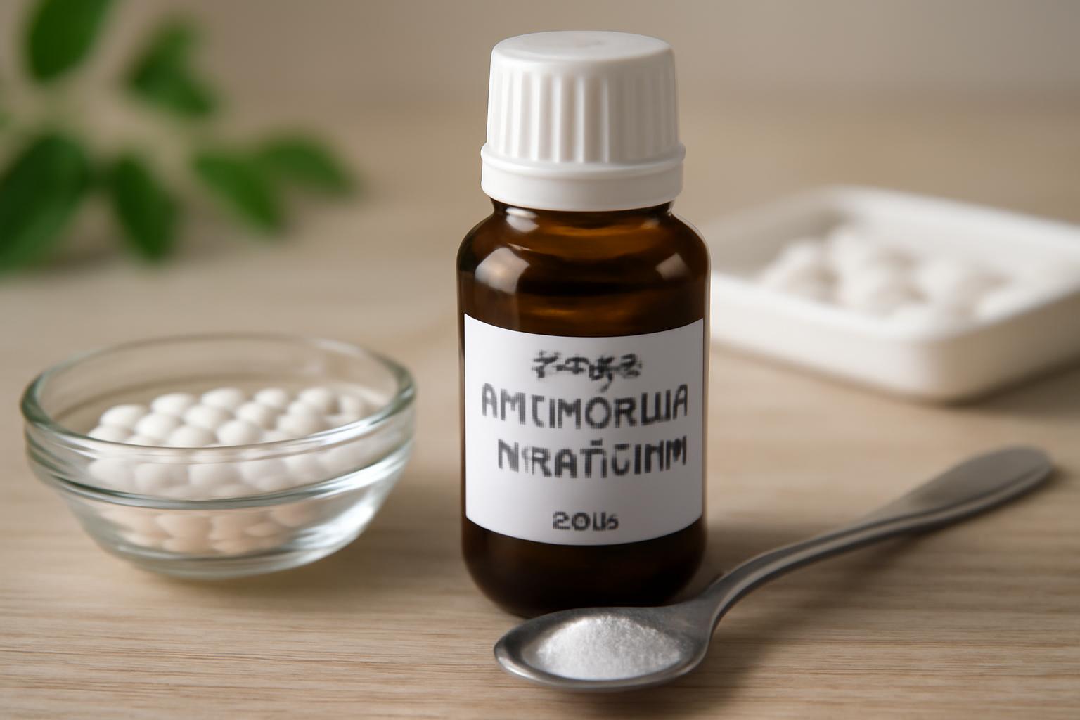 Flacon cu Antimonium tartaricum și pastile homeopatice pe o masă.