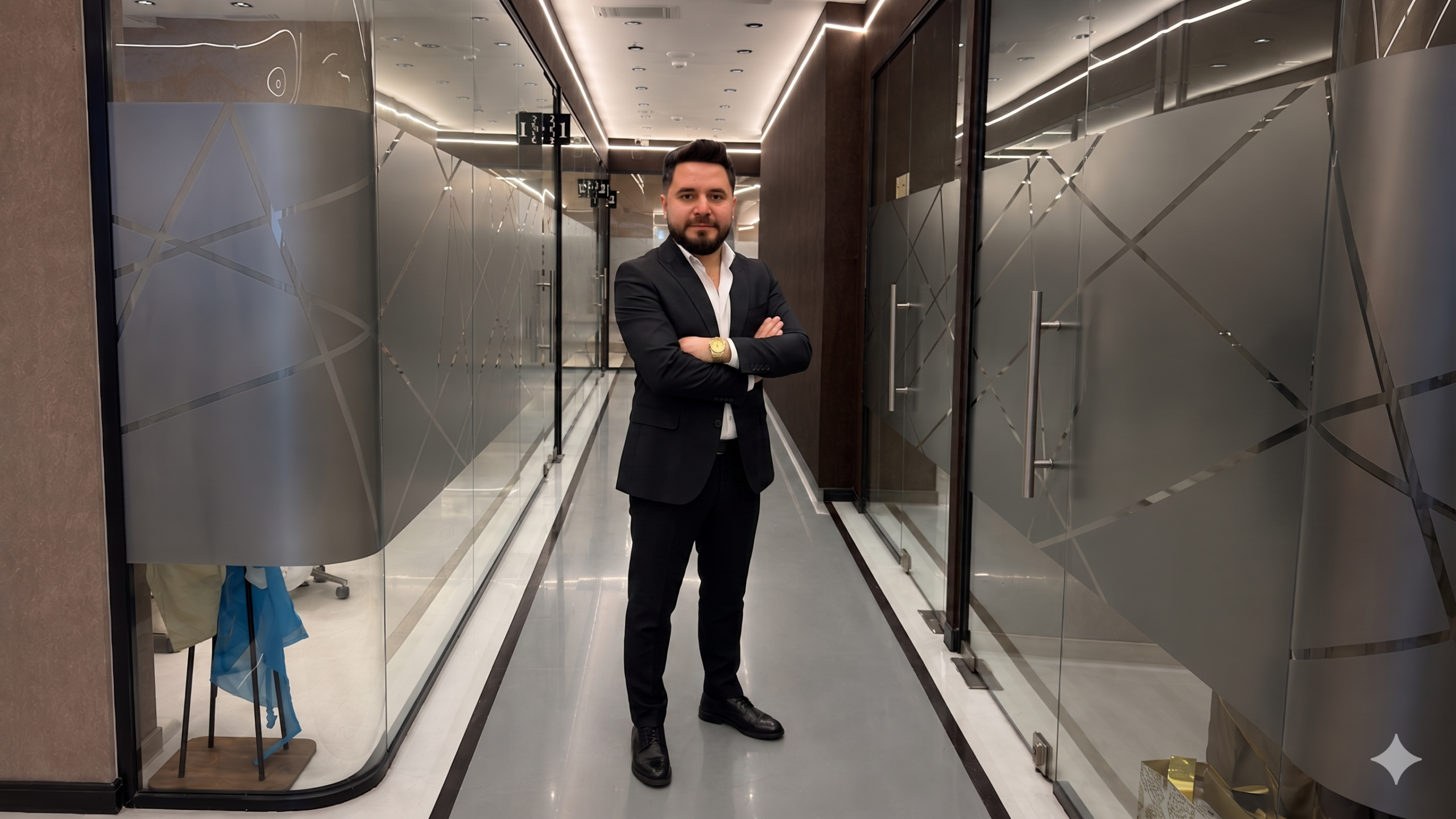 Bărbat îmbrăcat elegant stând într-un birou modern, cu uși de sticlă.