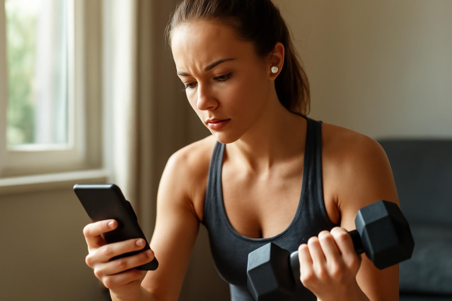 O femeie tânără, concentrată, verifică aplicația de fitness pe telefonul mobil în timp ce ține o ganteră.