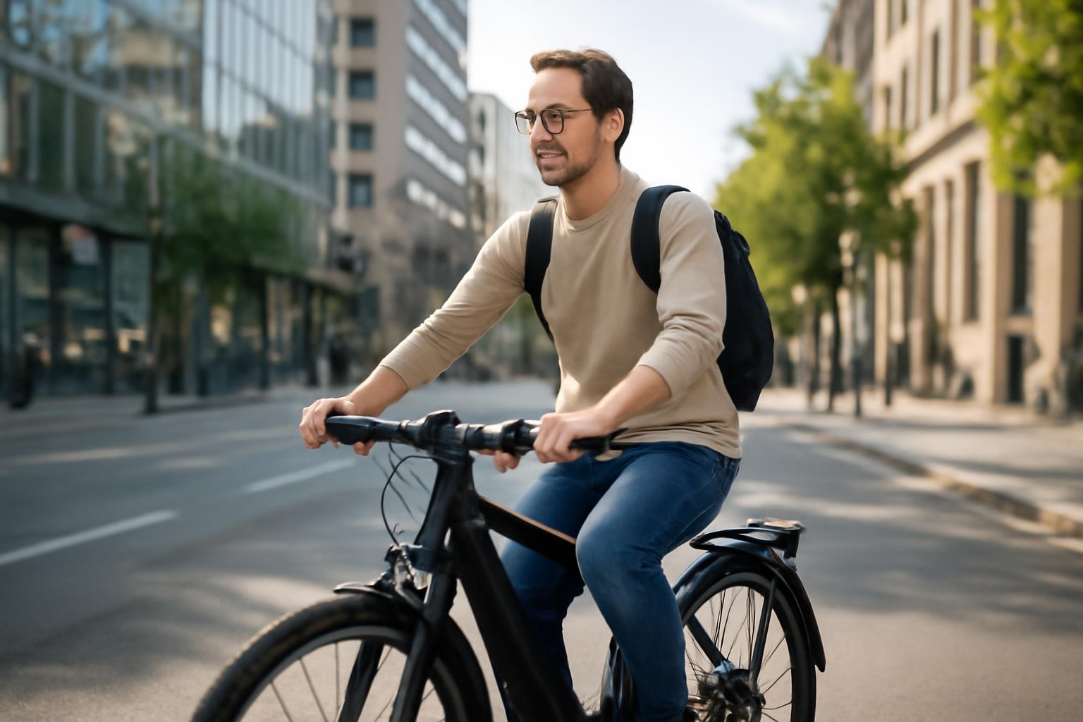 Bărbat pe o bicicletă electrică, navigând pe o stradă urbană.
