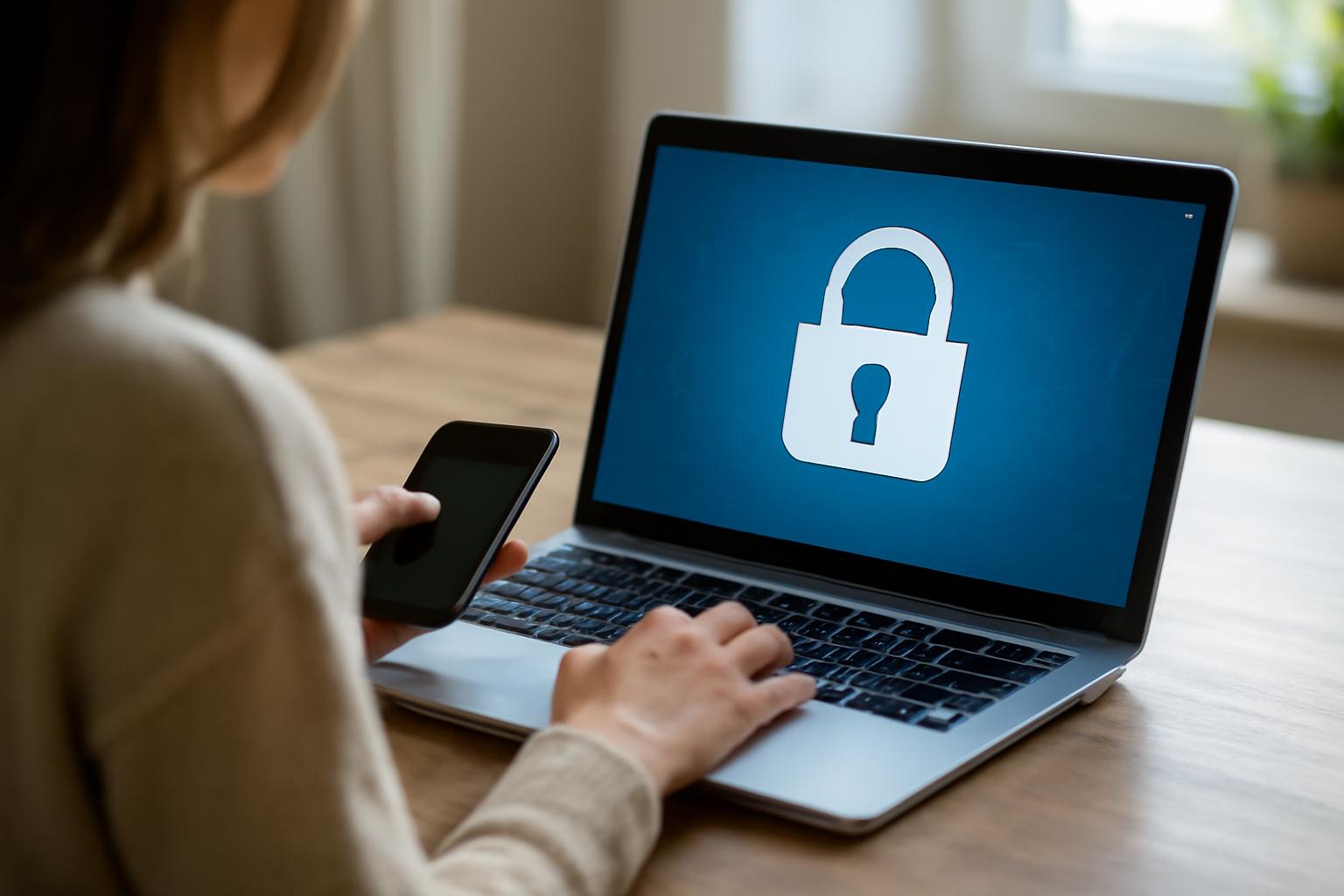 O persoană folosește un laptop cu un simbol de securitate pe ecran, ținând un telefon în mână.