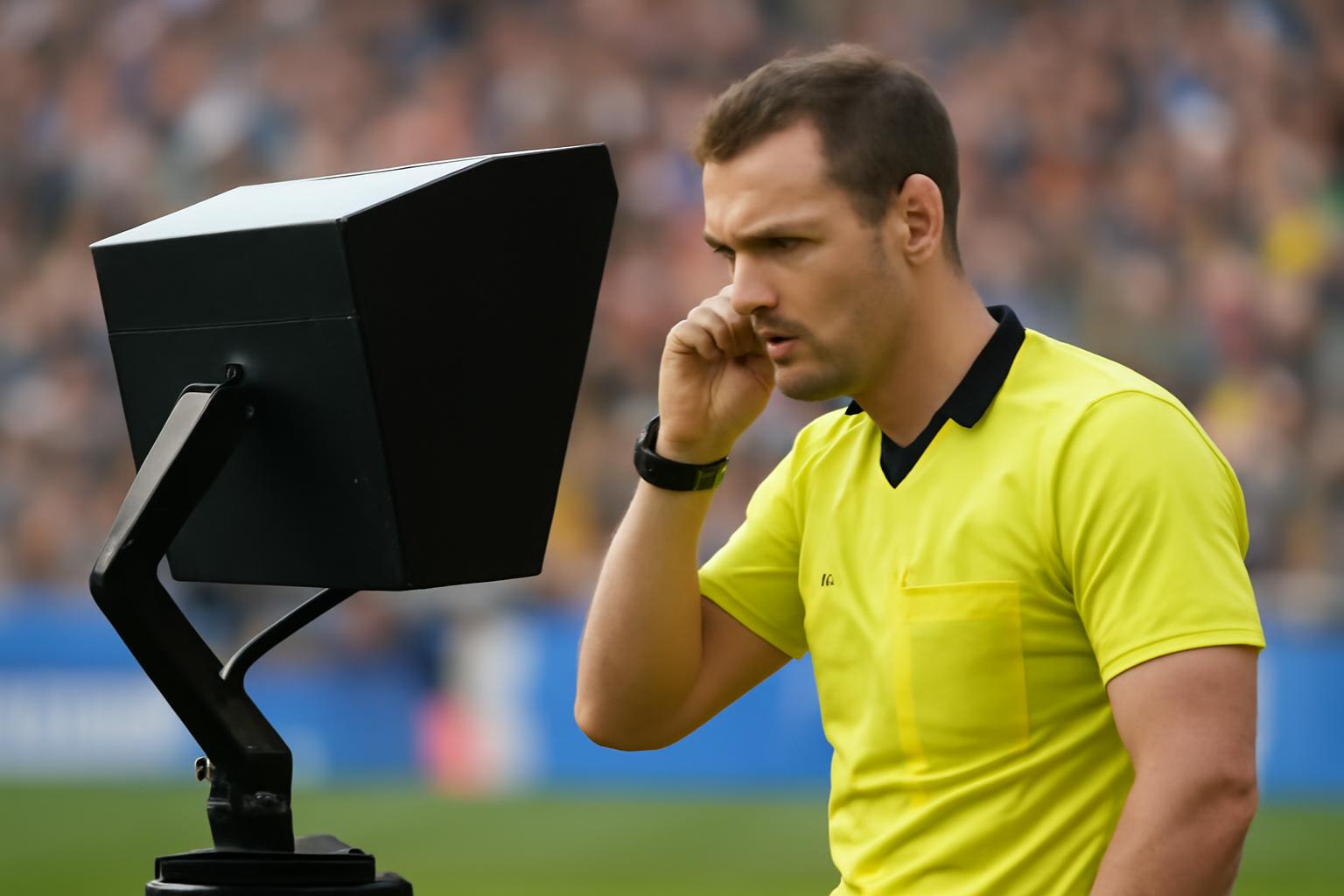 Arbitru de fotbal consultând sistemul VAR pentru a verifica o fază de joc.
