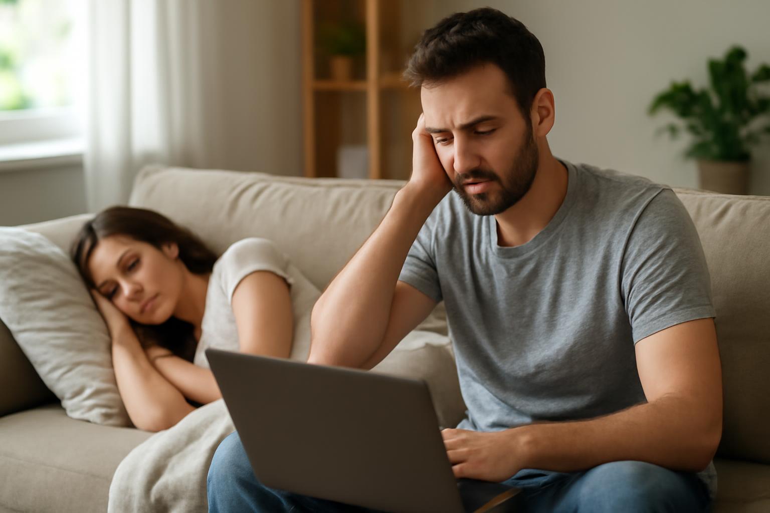 Un bărbat îngrijorat stă pe canapea cu laptopul, în timp ce o femeie doarme lângă el.